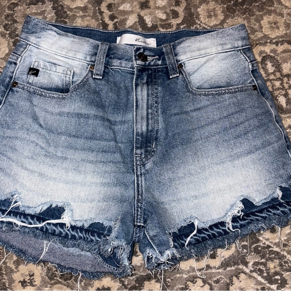 KanCan Blue Jean Shorts with Distressed Hem and Vintage Fade